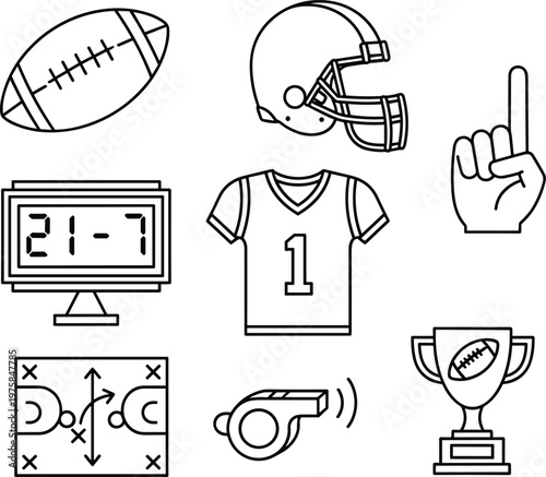 Collection of American football line art icons including a ball, helmet, jersey, foam finger, scoreboard, whistle, trophy, and strategic field play diagram set.