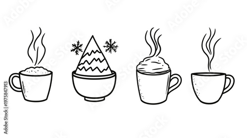 A black and white illustration of four cups and bowls with steam and snowflakes