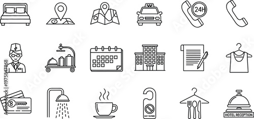 Minimalist black outline icon set featuring hotel service symbols including bed map taxi telephone receptionist luggage calendar building shower coffee and reception bell.