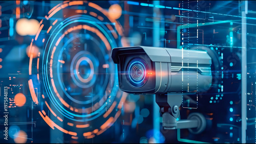 Security camera with blue LED light rotates within a digital interface displaying data patterns and glowing elements, emphasizing cyber security technology and surveillance systems. High quality photo