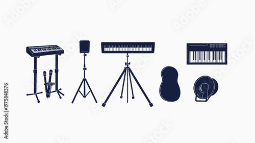 Silhouetted musical equipment including keyboards, microphones, speakers, drum, guitar shape and a sound mixer