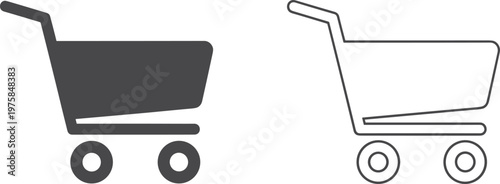 Vector illustration of two shopping cart icons featuring a solid gray silhouette and a simple thin line art version isolated on white background.