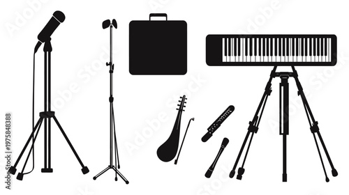Silhouetted music instruments and equipment, including microphone stands, a keyboard, and more