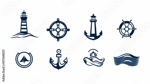 Eight nautical icons in dark blue, including lighthouses, anchors, wheels, waves and sail