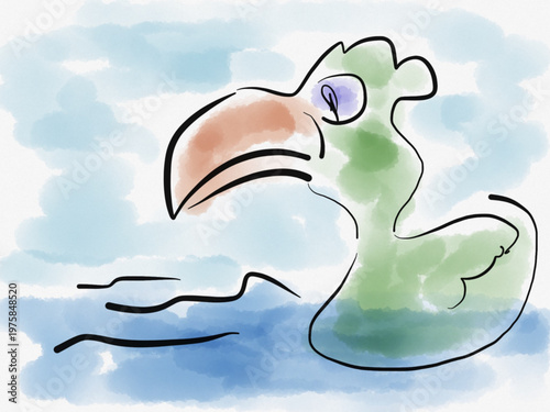 Dessin d'un oiseau exotique sur un lac.