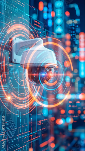 Security camera with blue LED light rotates within a digital interface displaying data patterns and glowing elements, emphasizing cyber security technology and surveillance systems. High quality photo