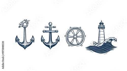 A collection of nautical illustrations, featuring anchors, a ship wheel, and a lighthouse