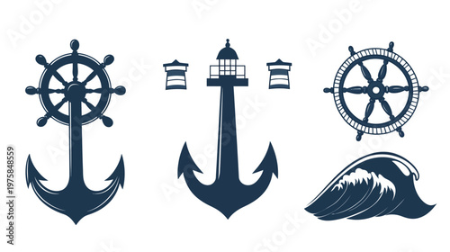 Stylized nautical elements, including anchor, lighthouse, ship wheel, and a cresting wave graphic