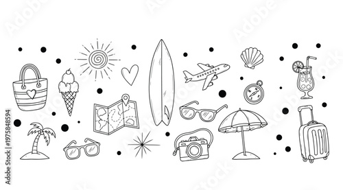 Summer vacation travel doodle icons set