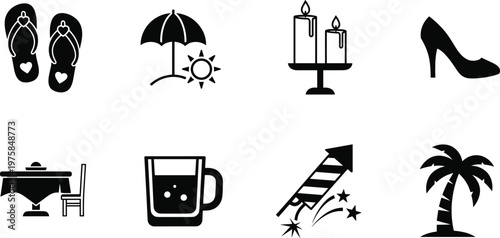 Black solid icon set for summer vacation and party events featuring flip flops, beach umbrella, candles, high heel shoe, dining table, drink, and palm tree.