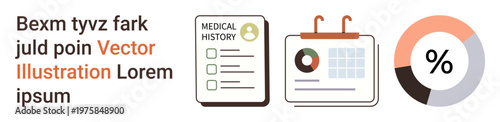 Medical analysis, health tracking, data visualization, organization tools, healthcare management, report tracking. A medical history sheet, calendar and pie chart. Medical analysis and health