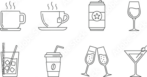 Flat line vector icon set of various drinks and beverages including hot coffee mug, tea cup, soda can, wine glass, iced water, champagne.
