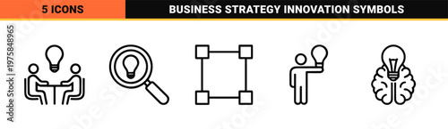 Minimalist brainstorming and creative idea line icons for business strategy