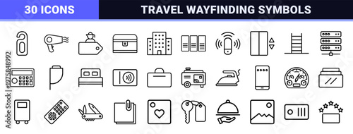 Hospitality and travel service icons in minimalist outline style