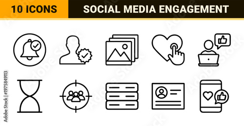 Digital marketing and social media engagement line icons set