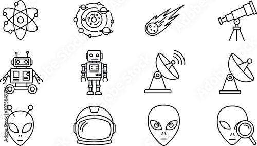 Space and science fiction line icon set featuring atom structure, solar system, comet, telescope, robots, satellite dishes, alien heads, and astronaut helmet symbols.