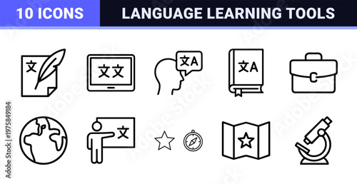 Multilingual translation and global communication line icons set