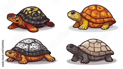 Four stylized illustrations of turtles, each with different shell patterns and colors, isolated on white