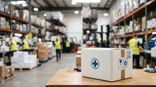 White cardboard medical supply box with blue cross icon on a wooden workbench in a large distribution warehouse with blurred workers, pallet racks, and logistics equipment background.