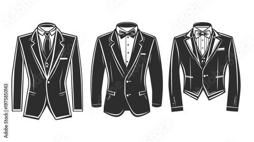 Three vector illustrations of elegant suits including jacket, shirt, tie, and bow tie