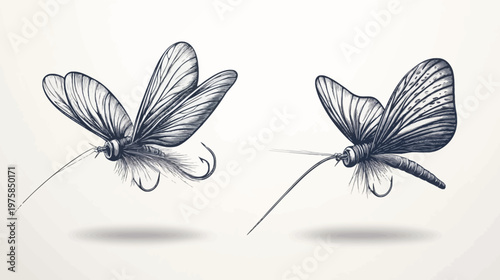 Artistic depiction of two intricately illustrated insects, designed as fishing lures