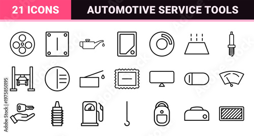 Car repair and automotive maintenance minimalist outline icon set