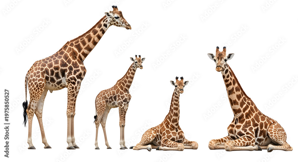 Obraz premium A tall wild mammal giraffe with a long neck and brown spots stands isolated on a white background, representing African wildlife in a clean nature safari style