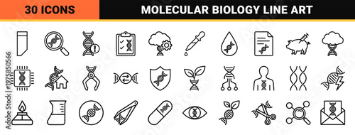 Minimalist genetics and dna research line icon set for science and biotech.