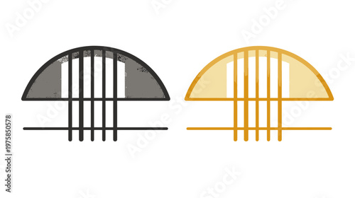 Two semi-circular designs, one grayscale, one gold, each with vertical and horizontal bars