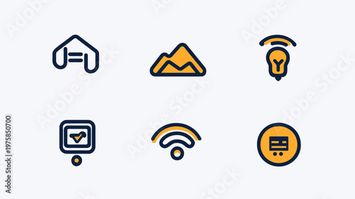 Collection of stylized, vector icons, featuring a house shape, mountains, a light bulb, and Wi-Fi