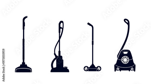 Silhouettes of diverse cleaning appliances, vacuum cleaners, and steam cleaners in a minimalist style