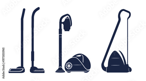 A collection of stylized vacuum cleaner illustrations, with various shapes and designs, set on a white background