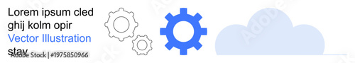 Cloud computing, software engineering, technology processes, data storage, automation, collaboration. Gears and a cloud icon with blue and line art style. Cloud computing and technology processes
