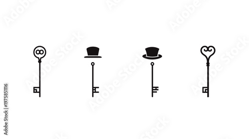 Monochrome illustration of four distinct keys; each with different tops infinity, hat, hat, and heart