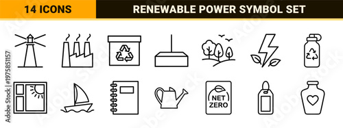 Sustainable green energy and ecology line icons