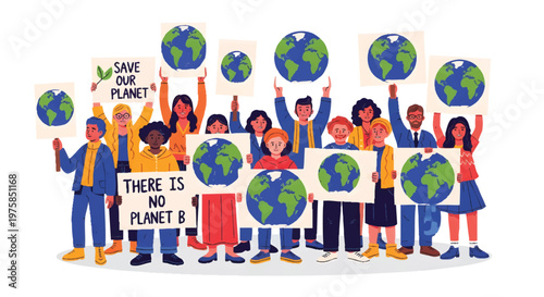 Diverse group of people holding signs and globes for environmental conservation