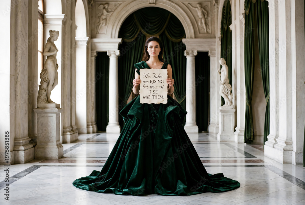 Obraz premium Beautiful woman in luxury emerald green velvet ball gown holding paper sign with text 