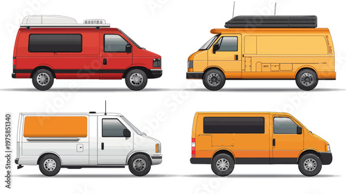Four colorful, stylized van illustrations in profile, various colors, with roof accessories