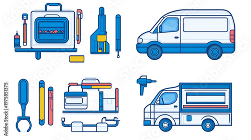 A vector illustration showcases vehicles, tools and workshop elements on a white backdrop
