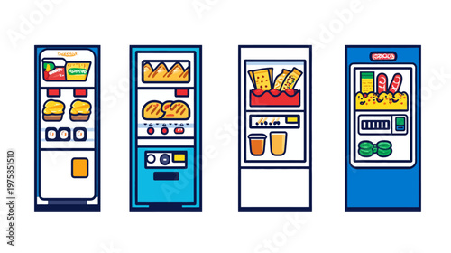 Four stylized vending machines with a variety of food items, each with a unique design