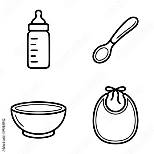 Baby weaning and first feeding outline set with bottle spoon bowl and bib for infant nutrition stage