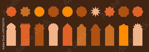 Ramadan Kareem frame shape set. Islam elements. Vector Arab arch ornament. Islamic geometric design bg. Mosque window door gate motif. Arabian oriental decoration. Muslim badge label, logo template