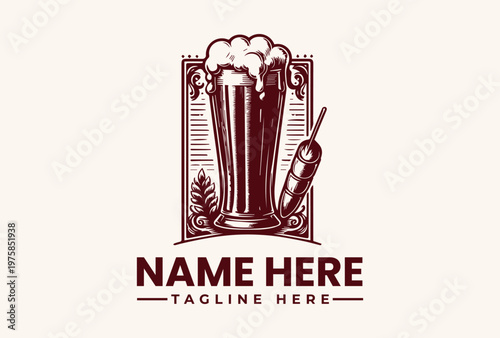 A frothy pilsner glass with a sausage on a stick are illustrated inside an ornamental frame in a retro engraved style. Food and beverage concept