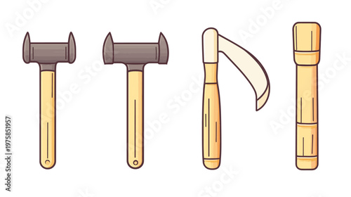 A collection of four vector-style construction tools on a clean white background
