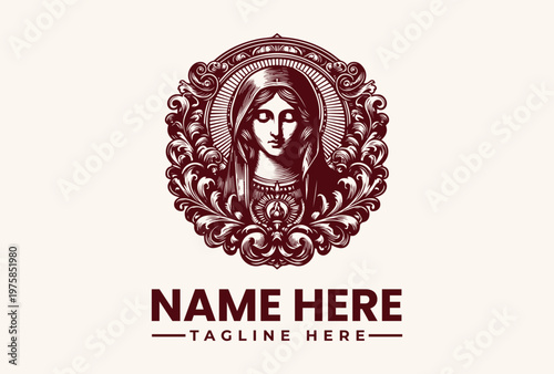 Classical woman portrait is enclosed by ornate floral frame in burgundy monochrome style. Religion concept