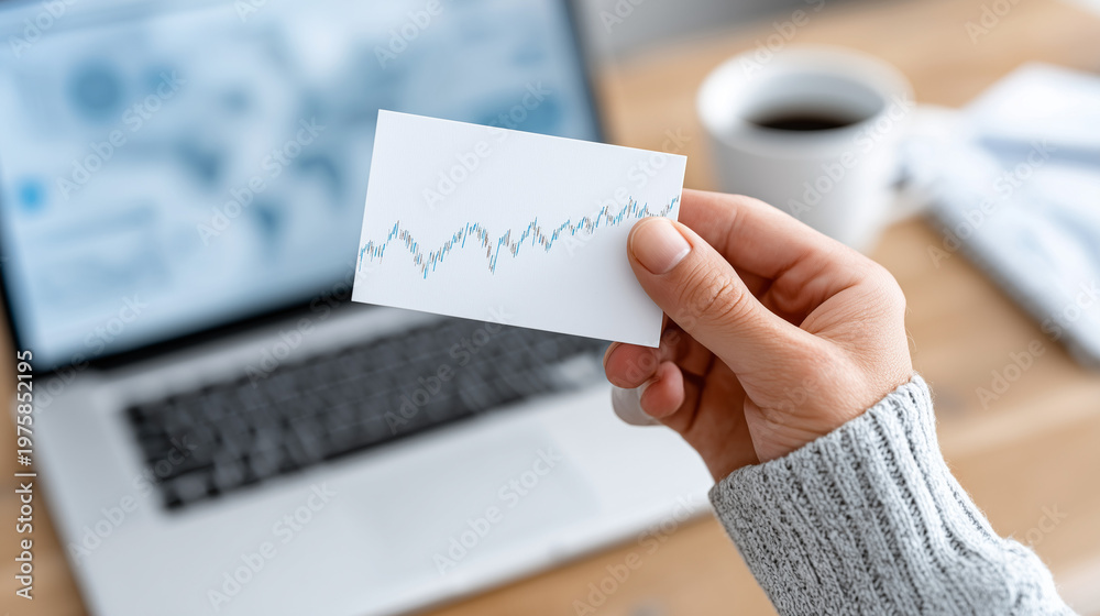 Obraz premium Top-Down View of Hand Holding Small Blank Card with Financial Graph Printed on Desk