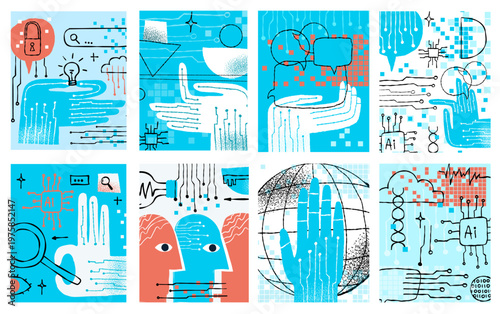 AI and future technology naive digital mind bold vector isolated cute illustrations of a robotic hand circuit board microchip key padlock cloud and email for sticker print and branding