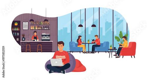 people working and socializing in a modern office cafeteria