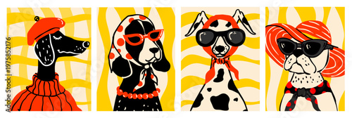 Dog fashion naive interiors bold vector isolated cute illustration of a black dog with a red beret white bulldog with sunglasses for sticker print and branding