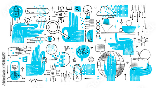 AI and future technology naive digital mind bold vector isolated cute illustrations of a robotic hand circuit board microchip key padlock cloud and email for sticker print and branding